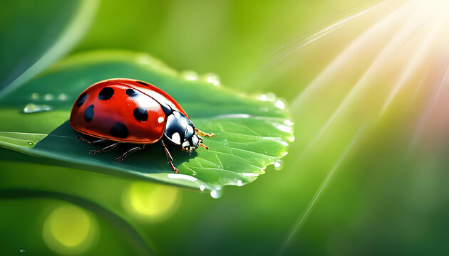 Ladybug resting on bright green leaves in the garden Showcasing the intricate beauty of nature up close, background images