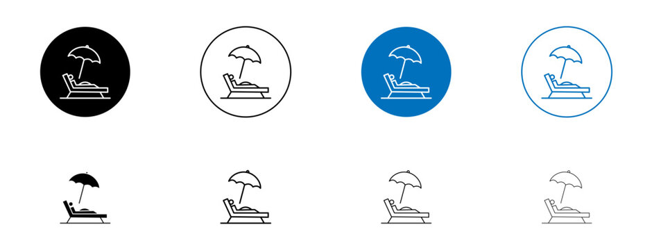 Beach chair with umbrella line icon set. Sunbed and parasol pictogram in black and blue color.