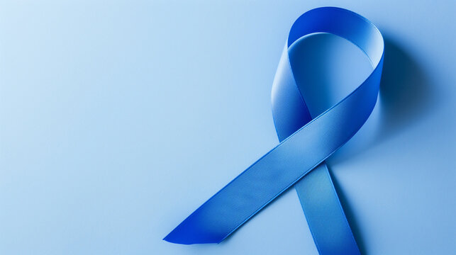 Flatlay blue cancer ribbon blank background for colon prostate diabetes mens mental health colorectal support awareness month fundraise charity male courage surviving copy space banner campaign