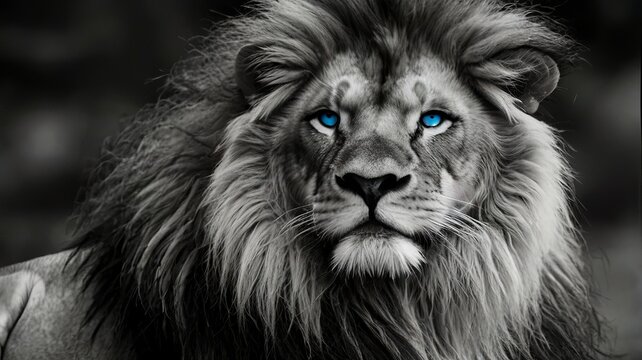 Majestic Lion in Monochrome: A Gaze of Blue GENERATIVE AI Brilliance