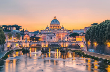 Fototapeta premium The iconic St Peter's Basilica and the Spanish Bridge at sunset, Rome Italy with illuminated buildings