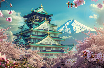 A beautiful Japanese castle surrounded by cherry blossoms with Mount Fuji in the background,...