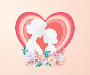 Mothers Day Greeting Card with Mom and Daughter Silhouettes Inside a Heart and Flowers Background