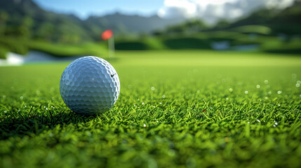 Obraz premium Golf ball on lush green grass with flagstick in background, concept for golfing, sports, precision, and leisure activities.