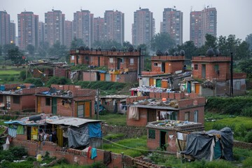 slum areas and poverty behind highrise buildings in the city professional photography