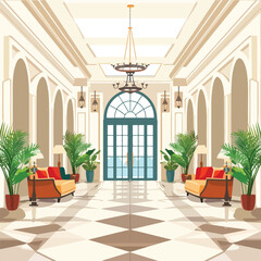 Lobby hall hotel flat vector illustration isolated - obrazy, fototapety, plakaty
