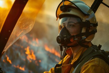 Portrait of a forest firefighter putting out a fire in a small plane - obrazy, fototapety, plakaty
