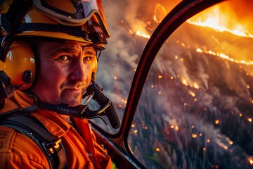 Portrait of a forest firefighter putting out a fire in a small plane