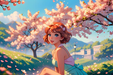 Obraz na płótnie Canvas Beautiful girl with cherry blossom. Spring background. 3D illustration.