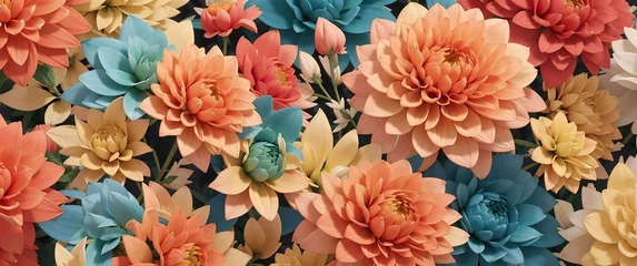 Foto op Canvas A banner background with dahlias in tones of coral, teal, and mustard yellow  © NADEALI