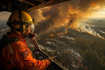Portrait of a forest firefighter flying over a fire in a small plane