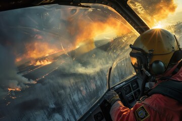 Portrait of a forest firefighter flying over a fire in a small plane - obrazy, fototapety, plakaty