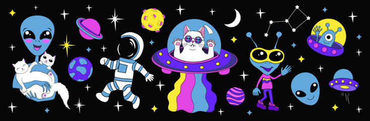 Psychedelic retro stickers. Comic cartoon illustrations