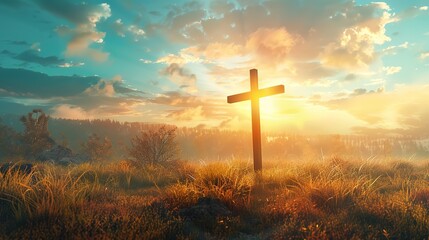 Glorious ascension day concept the cross on meadow autumn sunrise background - obrazy, fototapety, plakaty