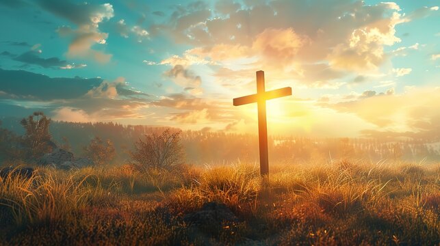 Glorious ascension day concept the cross on meadow autumn sunrise background