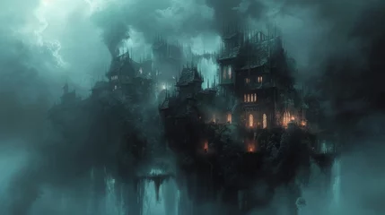 Foto op Plexiglas Fantasy landscape with haunted castle in the fog © Олег Фадеев