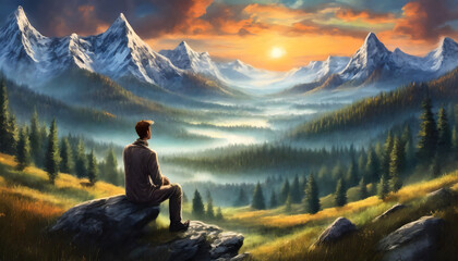 Tranquil Dawn - A Man Observing the Sunrise Amidst Majestic Mountains and Lush Forests - obrazy, fototapety, plakaty