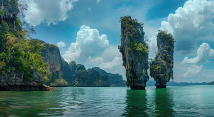 island in Phuket, Thailand with lush green mountains and turquoise water, showcasing the iconic rock formation on the thin islet between two islands