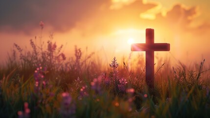 Superb Ascension day concept, The cross on meadow autumn sunrise background - obrazy, fototapety, plakaty