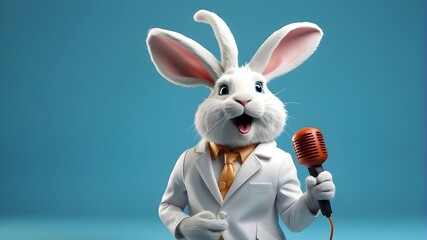 easter bunny with a carrot, A stylized white Easter Bunny, anthropomorphic in nature, holding a megaphone and roaring with exaggerated expression, set against a turquoise blue background.