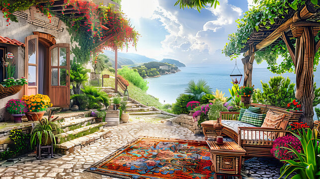 Scenic landscape of a Mediterranean village, capturing the charm and beauty of summer travel destinations with vibrant colors and peaceful scenery