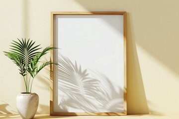 Poster mock up with wooden frame and plant on pastel yellow  wall with sunbeam and shadow on home interior background. Products overlay template.