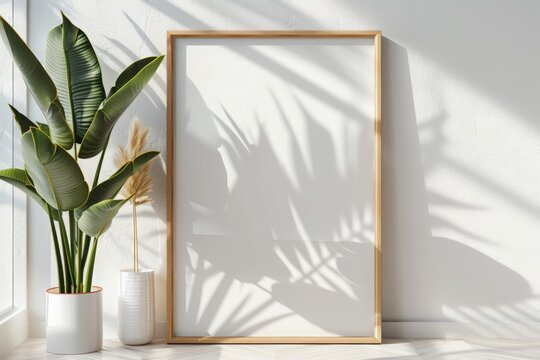 Poster mock up with wooden frame and plant on white  wall with sunbeam and shadow on home interior background. Products overlay template.