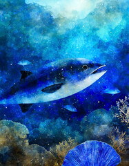 マグロと小魚のいる美しい深海の水彩画