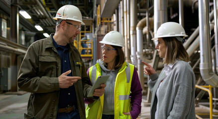 workers in yellow safety jackets and white hard hats, one with glasses pointing at the tablet screen while two others stand next to them listening intently inside an industrial plant setting