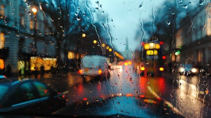 Rain drops on window with road light bokeh, City life in night in rainy season abstract background