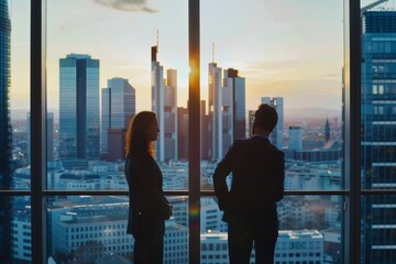 Fototapeta na wymiar Businessman and businesswoman together while standing in front of office building windows overlooking the city