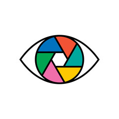 Eye with a lens aperture colourful vector icon