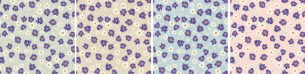 Set of cute simple spring delicate baby and nursery ditry seamless pattern, pastel color palette. Repeating background, endless texture for fanric, textile, wallpaper and clothing design. 