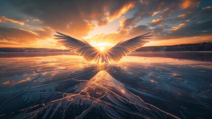 In the sunrise landscape of angel wings
 - obrazy, fototapety, plakaty