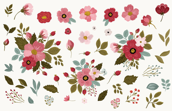 Set of elegant garden rose flowers, roseship floral clipart elements in vector isolated on white background for stationery, package, stickers , banners design. Spring and summer blossom objects