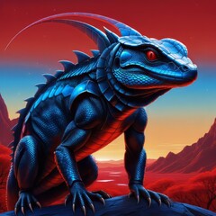 portrait of a big blue iguana monster in a red desert landscape