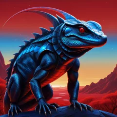 Gardinen portrait of a big blue iguana monster in a red desert landscape © Xtov