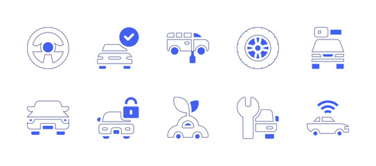 Car icon set. Duotone style line stroke and bold. Vector illustration. Containing car wheel, car, available, steering wheel, car rental, sport car, locked car, smart car.
