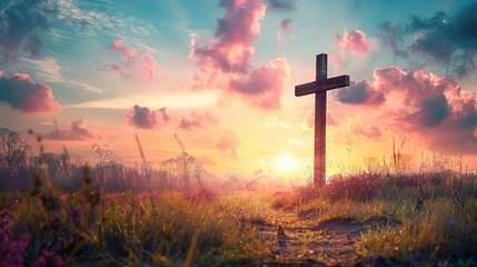 Wonderful Cross at sunset in a field, Ascension day concept, Christian Easter, Faith in Jesus Christ