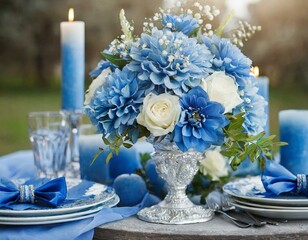 Niebieskie dekoracje ślubne i kwiaty - obrazy, fototapety, plakaty