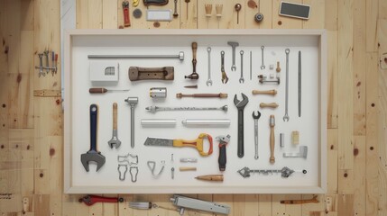 Tools and frame displayed on a white wooden surface. - obrazy, fototapety, plakaty