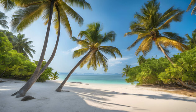 Tropical beach with palm trees and clear blue water, background image, shining sun