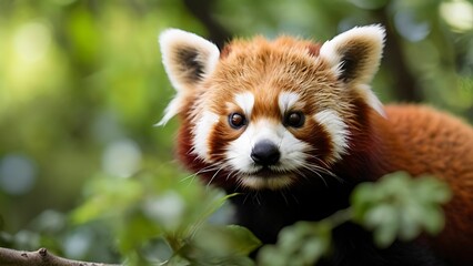 Fototapeta premium Close up of a red panda on the blurred forest background