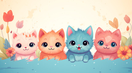 Fototapeta premium Cute fluffy cartoon cat in a relaxed pose. on a pastel background