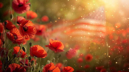 Fototapeta premium Poppy Field with American Flag Bokeh