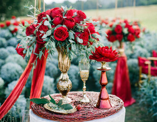 Czerwone kwiaty i dekoracje ślubne