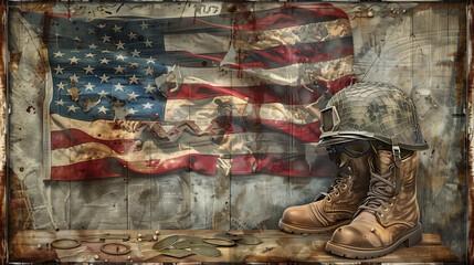 Soldier's Boots and Helmet with American Flag - obrazy, fototapety, plakaty
