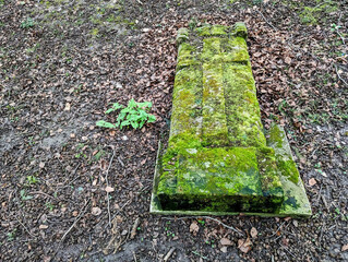 An old moss covered flat grave or shallow mausoleum that has a Christian cross design