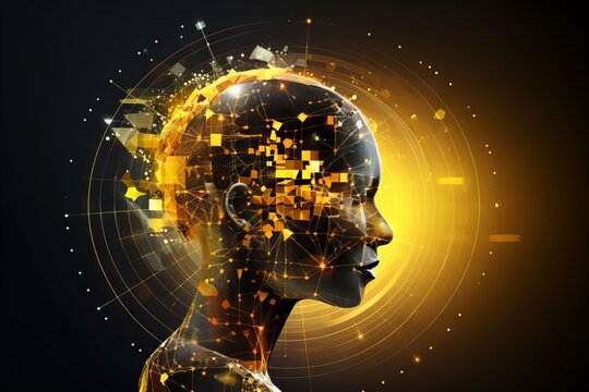 Silhouette of the head in profile with visualization of the digital brain and the global network.
Concept: artificial intelligence and brain research, connection between man and technology