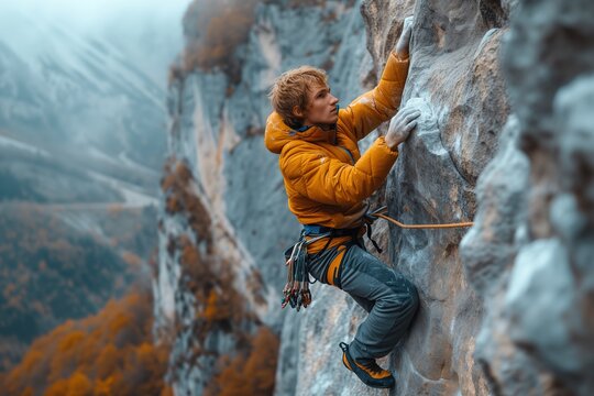 An intense image showcasing a rock climber ascending a steep, rocky cliff with secure gear on a cold day